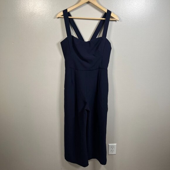 Gal Meets Glam Nicole Jumpsuit Size 4 Navy Blue Cropped Wide Leg Square Neckline - Picture 2 of 13